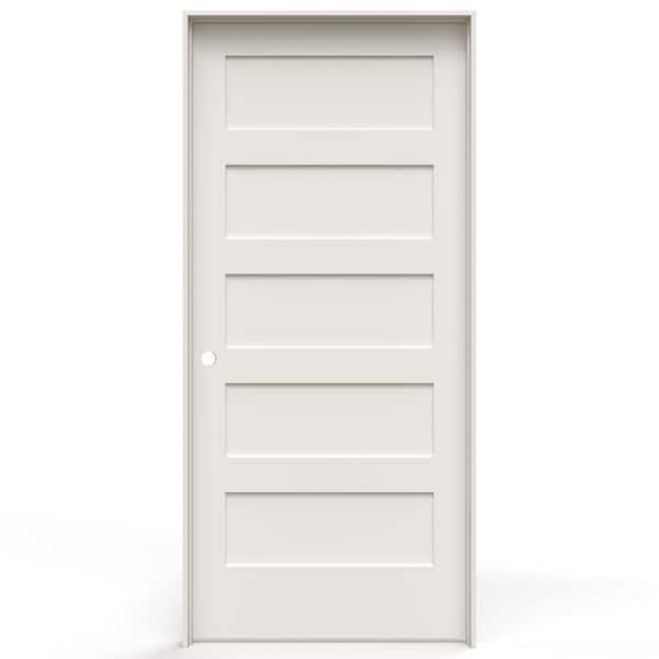 JELD-WEN 36 in. x 80 in. 5-Panel Right Hand White Shaker Primed Smooth Solid Core Wood Single Prehung Interior Door