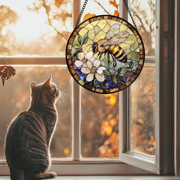 6. 3 x 6.3 in. Stained Glass Window Hanging, Vintage Bee Yellow