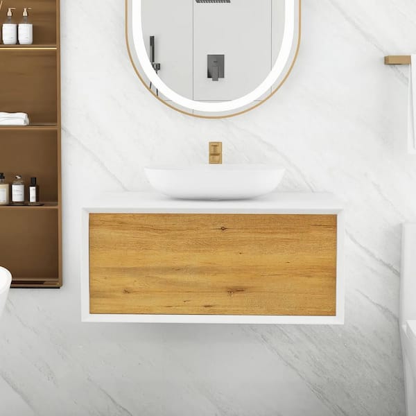 Boosicavelly 36 in. W x 21 in. W x 15.7 in. H Single Sink Wall-Mounted Bath Vanity in White Brown with White Solid Surface Top