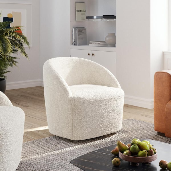 Poly and Bark Alma Swivel Lounge Chair in Crema White Boucle