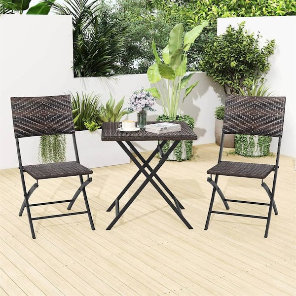 3 Pieces Rattan Bistro Set with Wicker Seat and Tabletop for Backyard, Garden, Balcony