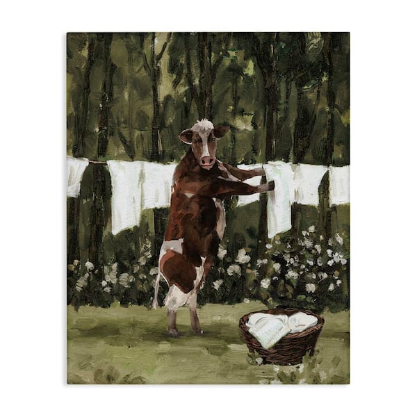 Brown Cow Doing Laundry by White Ladder Unframed Animal Graphic Art Print 20 in. x 16 in.