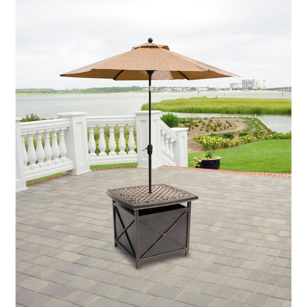 Bronze Cast Aluminum Square Patio Table with Umbrella Holder