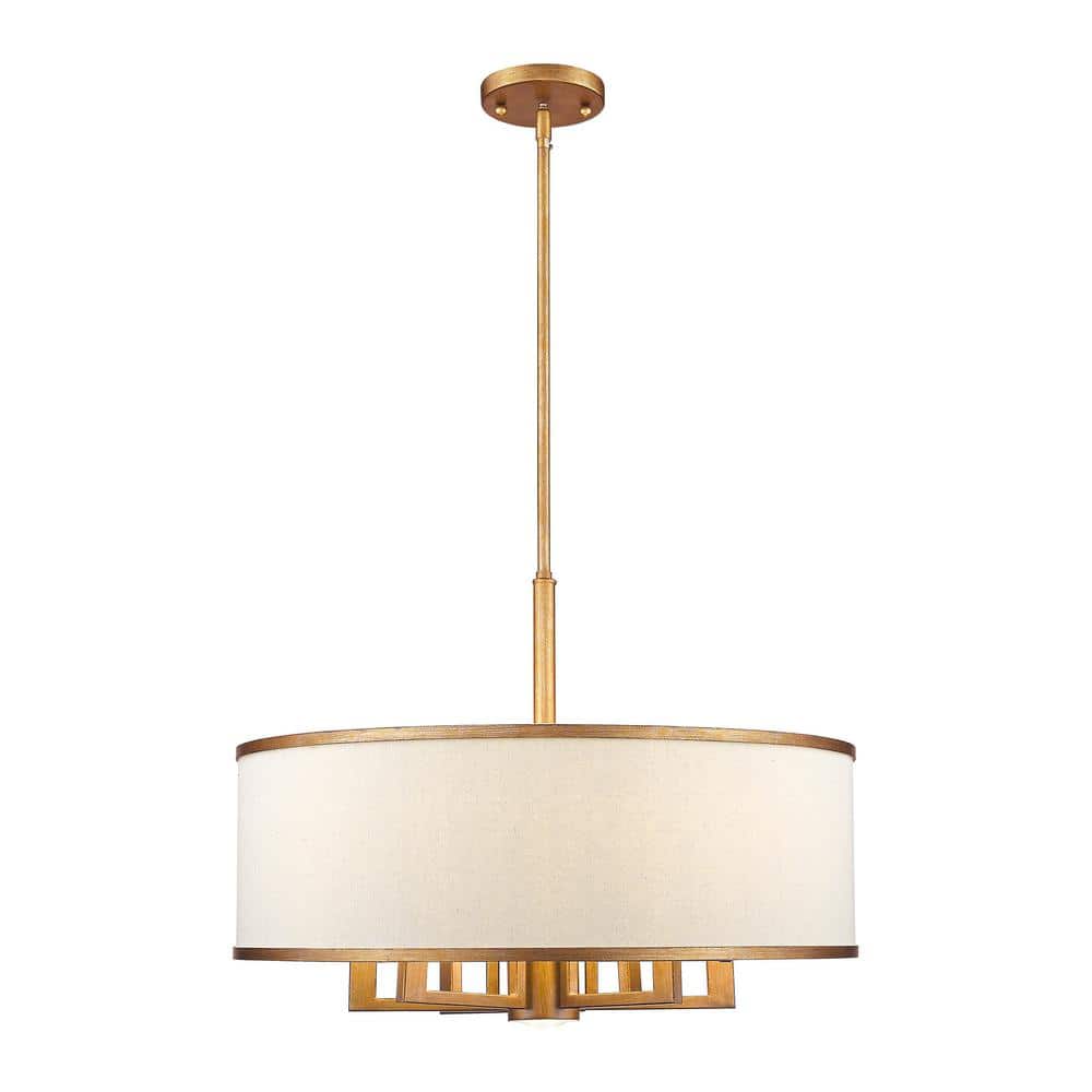 Antique Gold Leaf 6-Light Drum Chandelier with Linen Shade