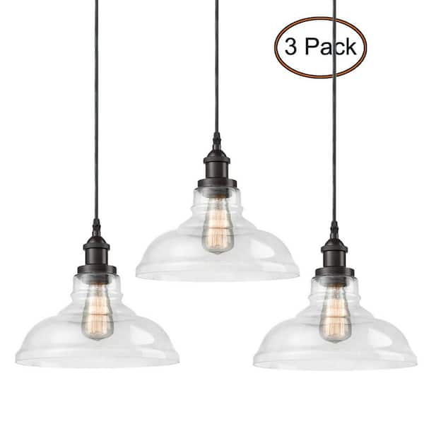 CLAXY 60 Watt 3 Light Bronze Finished Shaded Pendant Light with Clear glass Glass Shade and No Bulbs Included
