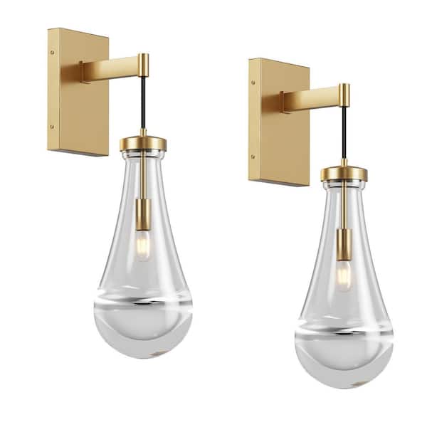 5 in. 1-Light Gold Modern Wall Sconce Hardwired Wall Light with Clear Raindrop-shaped Glass Shade (2-Pack)