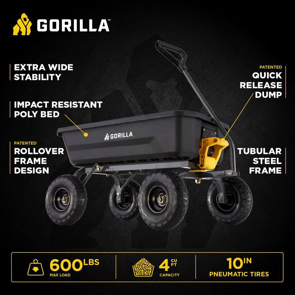 Gorilla 4 Cu. Ft. Black Poly Garden Dump Cart with Steel Handle
