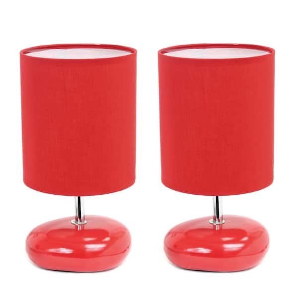 Creekwood home 10.24 in. Red Traditional Mini Round Rock Table Lamp Set with Red Fabric Shade (Set of 2)