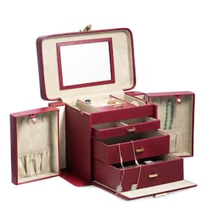 Red "Lizard" Leather 4-Level Jewelry Box with Travel Pouch