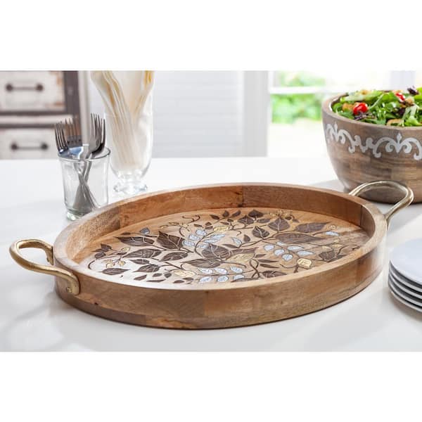 Brown Leaf Tray with Laser Inlay and Gold Handles 94876 - The Home Depot