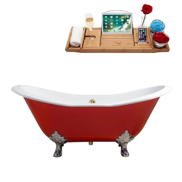 Streamline 61 in. Cast Iron Clawfoot Non-Whirlpool Bathtub in Glossy Red with Polished Gold Drain and Polished Chrome Clawfeet