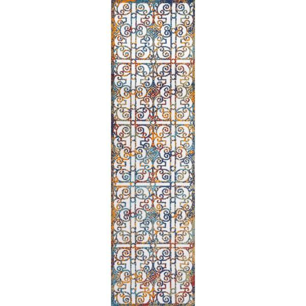 Cetara Ornate Cream/Blue/Orange 2 ft. x 8 ft. Trellis Indoor/Outdoor Area Rug