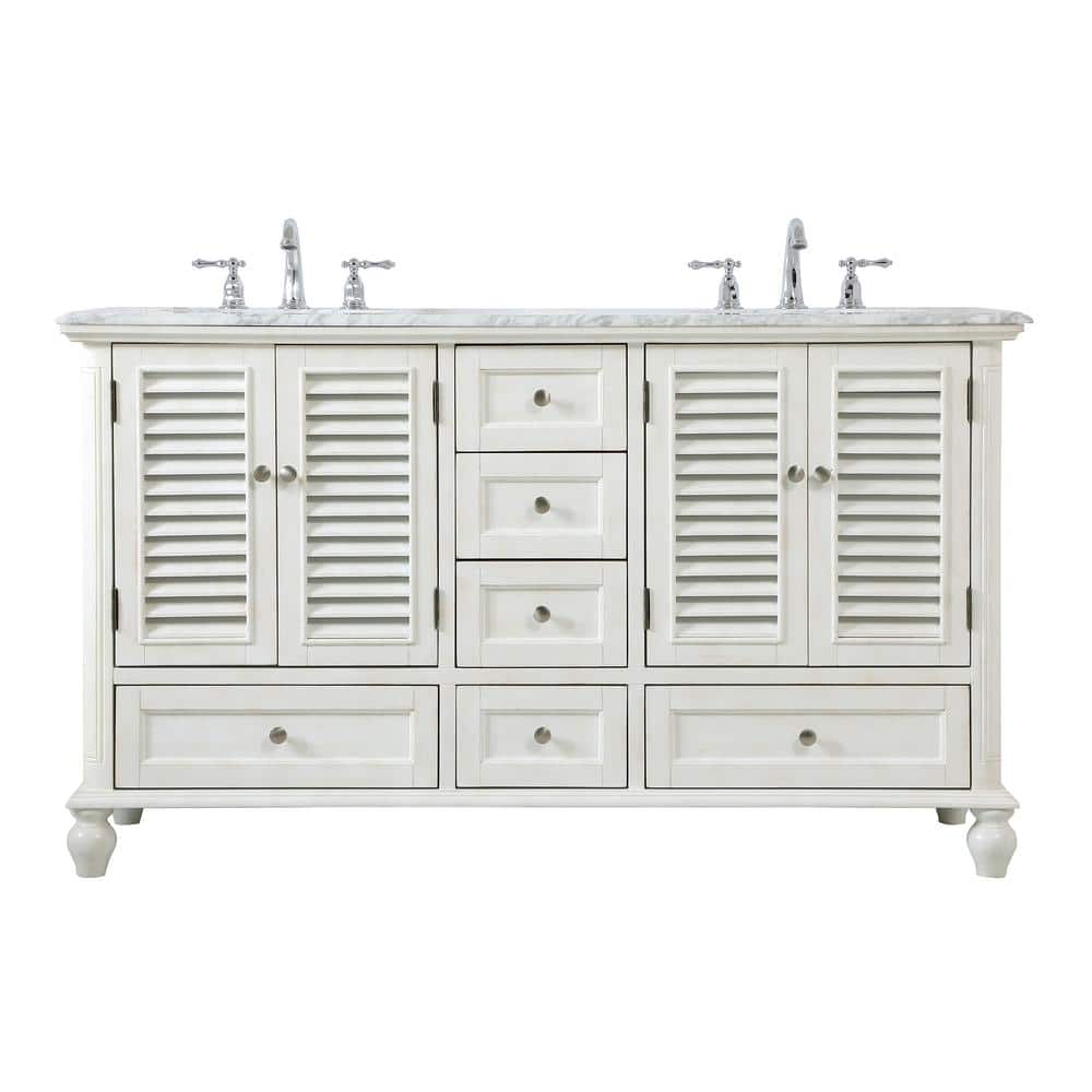 Simply Living 60 in. Double Bathroom Vanity in Antique White with Marble Va