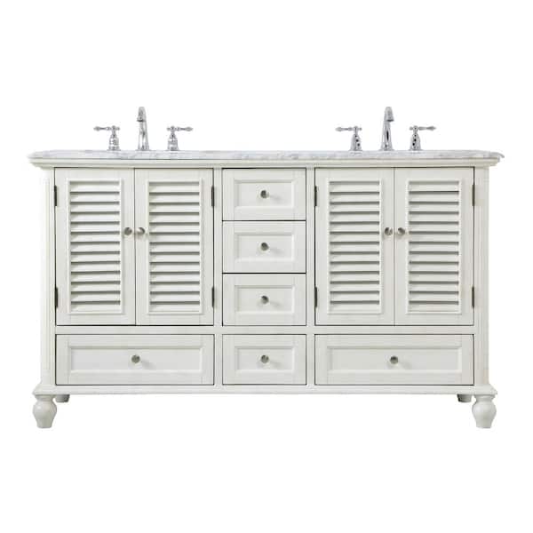 Unbranded Simply Living 60 in. Double Bathroom Vanity in Antique White with Marble Vanity Top in Carrara White