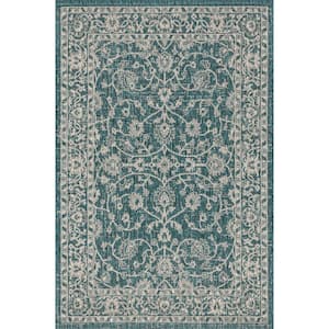 Palazzo Teal/Gray 9 ft. x 12 ft. Vine and Border Textured Weave Indoor/Outdoor Area Rug