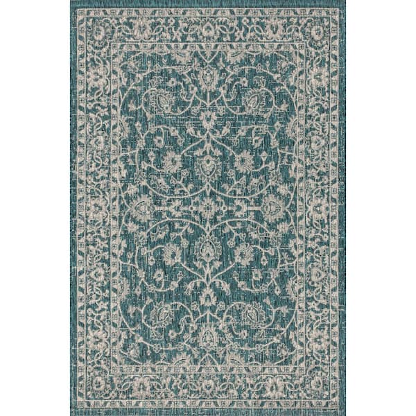 Palazzo Vine and Border Textured Weave Teal/Gray 5 ft. x 8 ft. Indoor/Outdoor Area Rug