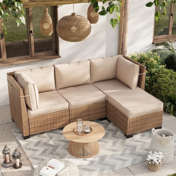 Poteban Outdoor Beige 4 in. Thick Replacement Cushion Set Seat/Back Cushion (Set of 3 Seats, 3-Backs, 2-Short Backs, 1-Footrest)