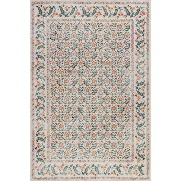 Riverside Floral Washable Ivory 9 ft. x 12 ft. Indoor Area Rug