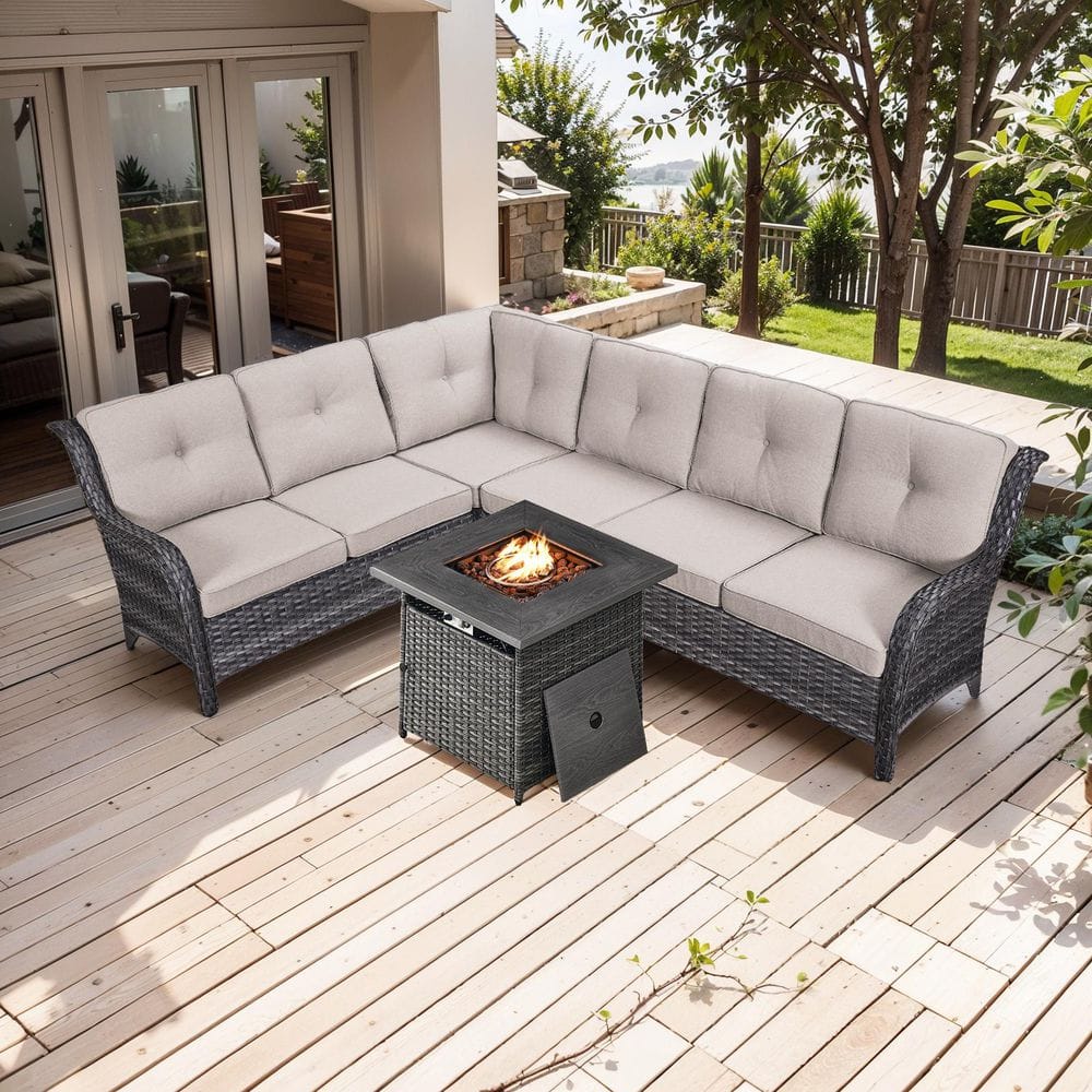 Arcline 3-Piece Gray Wicker Fire Pit Conversation Set with Olefin Beige Cushions and L-Shaped Sofa/Fire Pit Table price history on PriceWatchPro