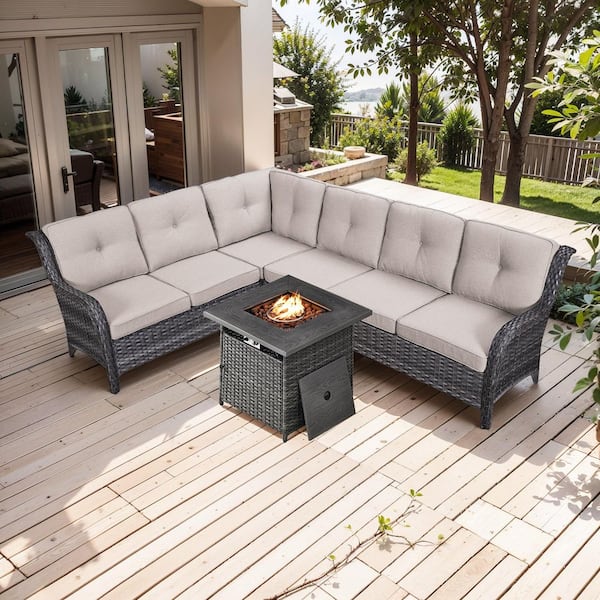 3-Piece Gray Wicker Fire Pit Conversation Set with Olefin Beige Cushions and L-Shaped Sofa/Fire Pit Table