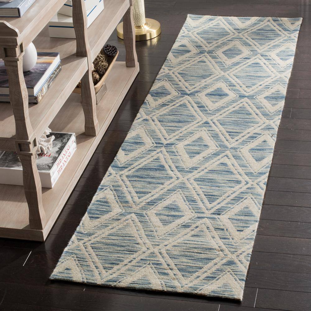 Ivory and Dark Blue Handmade Wool Geometric Rug, 2' 3" x 12'