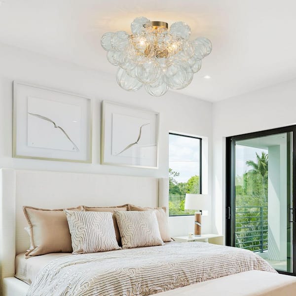 Neuvy 20.9 in. W 3-Light Brush Gold Semi-Flush Mount Brass Close to Ceiling Light with Cluster Ribbed Glass for Entry