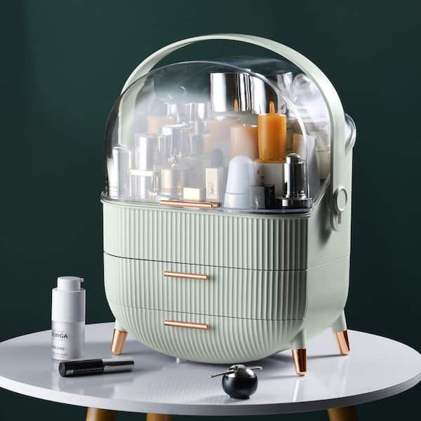 11.4 in. x 8.1 in. x 14.4 in. Mint Green Makeup Organizer, Skincare Desk Organizer with 2 Drawers and Transparent Cover