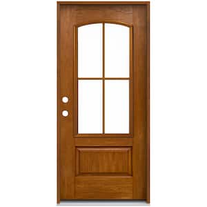 36 in. x 80 in. Right-Hand 4 Lite Clear Glass Mocha Stain Fiberglass Prehung Front Door with Brickmould