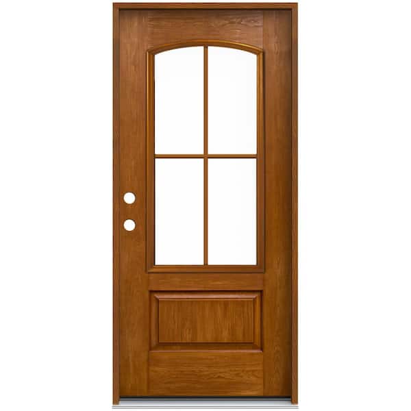 JELD-WEN 36 in. x 80 in. Right-Hand 4 Lite Clear Glass Mocha Stain Fiberglass Prehung Front Door with Brickmould