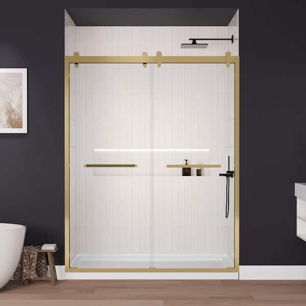 60 in. W x 76 in. H Framed Exposed Roller Double Sliding Shower Door in Gold with 5/16 in. (8mm) Clear Glass