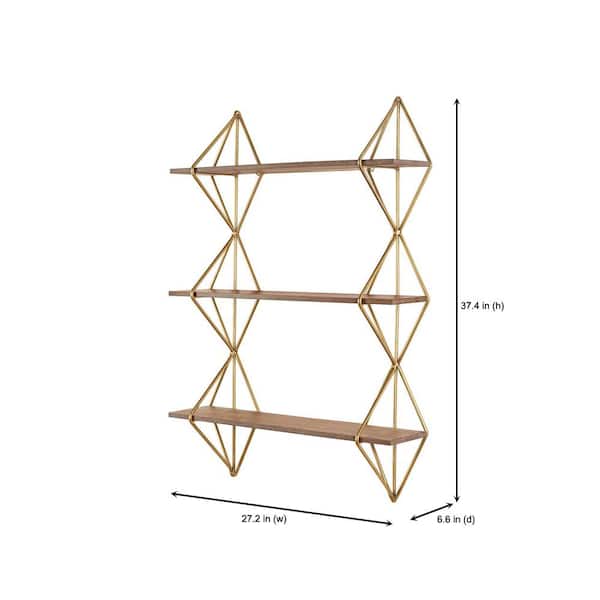 Natural Wood and Gold 3 Tier Wall Shelf