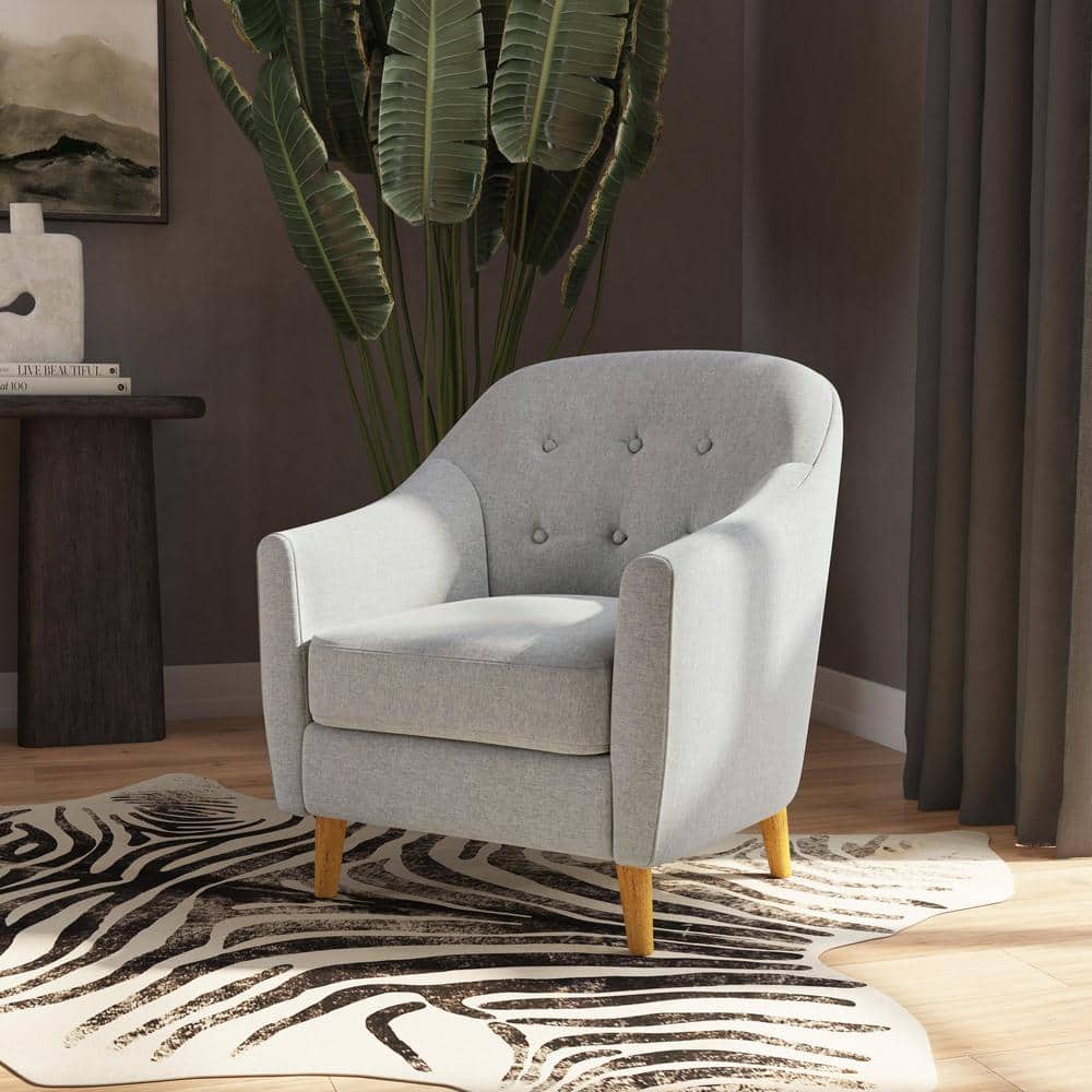 Gray Button Tufted Woven Accent Chair with Light Brown Wood Legs