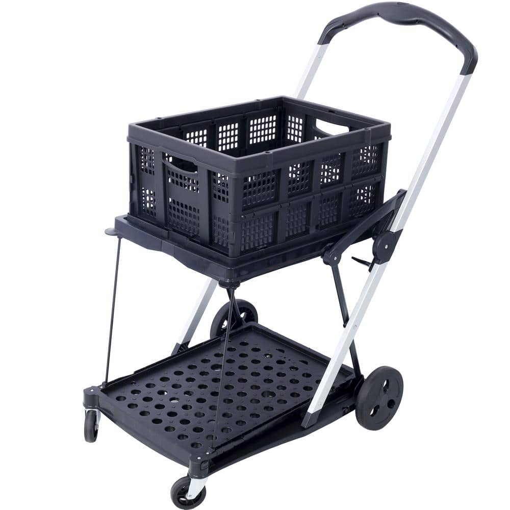 Large Black Aluminium Fold-up Rolling Serving Cart with Basket Multi Use Fu