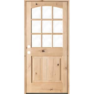 32 in. x 80 in. Knotty Alder Right-Hand/Inswing 1/2 Lite Arch Top V-Panel Clear Glass Unfinished Wood Prehung Front Door