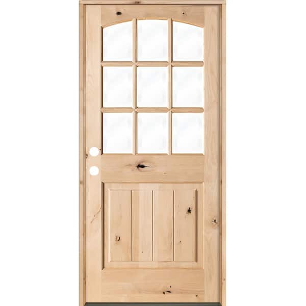 Krosswood Doors 32 in. x 80 in. Knotty Alder Right-Hand/Inswing 1/2 Lite Arch Top V-Panel Clear Glass Unfinished Wood Prehung Front Door