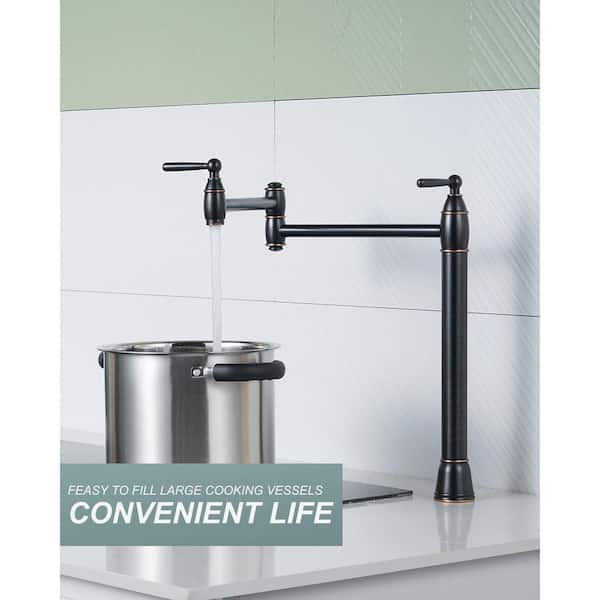 Brass Deck Mount Pot Filler Faucet with 2-Handles and Supply Line Folding Island Faucet in Oil Rubbed Bronze