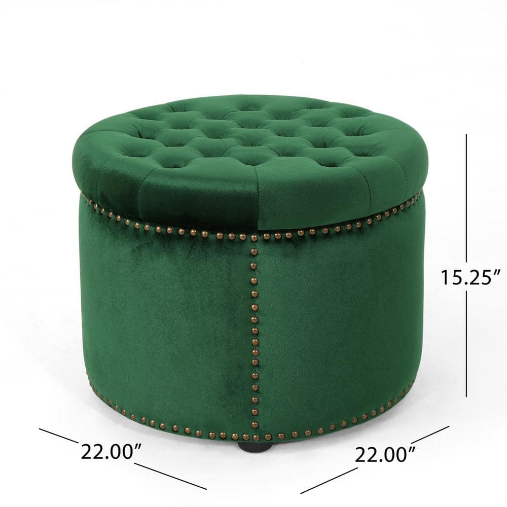 Emerald Green Velvet Tufted Round Accent Ottoman with Studded Detail