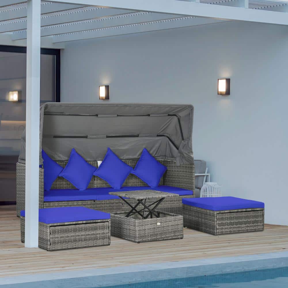 Dark Blue 6-Person Adjustable Canopy Outdoor Rattan Sofa Set