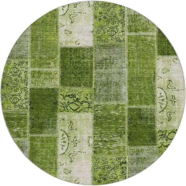 Dream Shag Premium Machine Washable Abstract ADS631 Olive 8 ft. x 8 ft. Round Rug