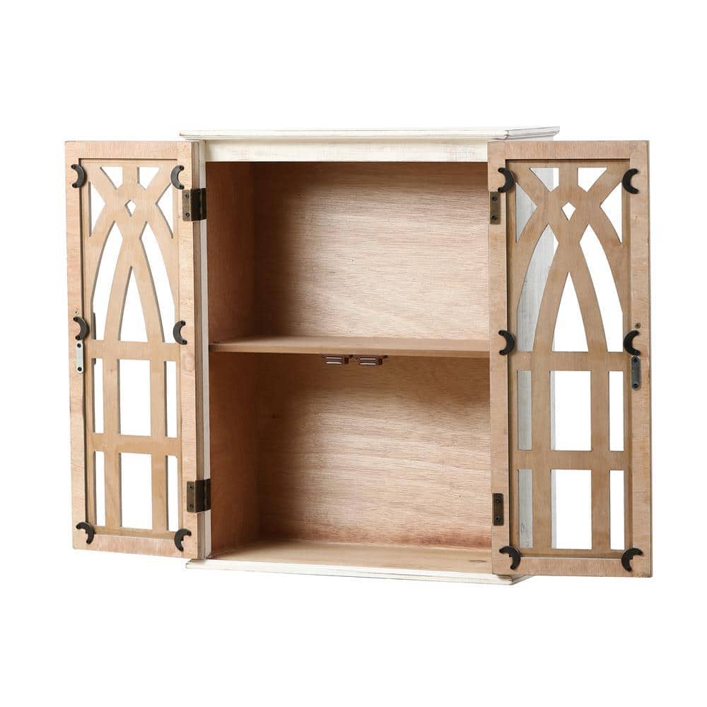 Farmhouse White and Natural Wood Cathedral-Style Wall Cabinet