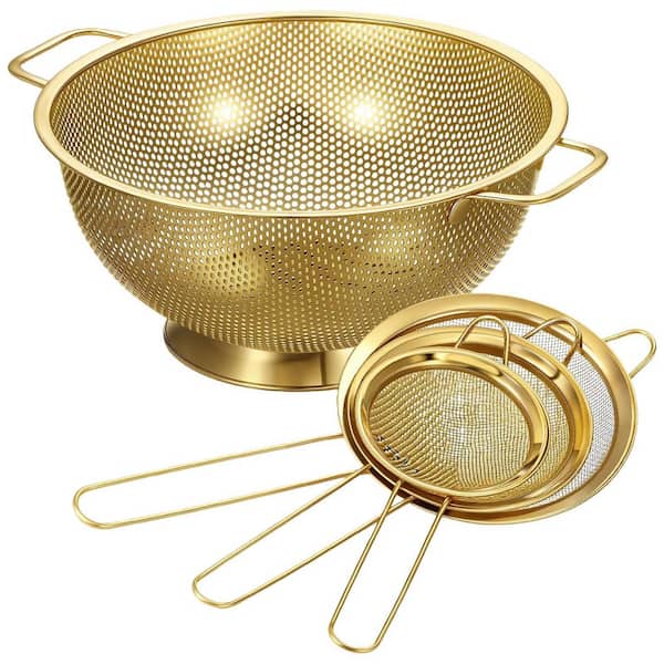 Gold 4 qt. Stainless Steel Colander and Fine Mesh Strainer, Pasta Rice Food Strainer with Handles, Easy Clean Set of 3