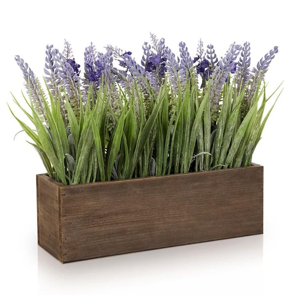 Afoxsos 5 in. White Artificial Plant Lavender Arrangement in Rustic Wood  Planter Faux Lavender for Indoor Home Decor 59A1124A1621