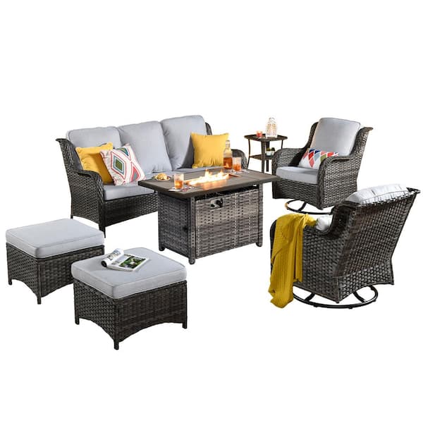 Joyoung Gray 7-Piece Wicker Patio Rectangle Fire Pit Conversation Set with Gray Cushions and Swivel Chairs