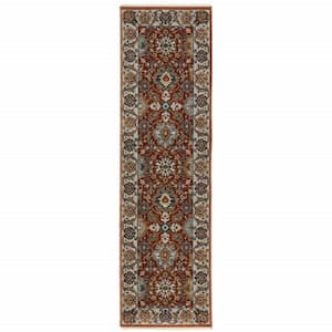 Red Blue Ivory Gold and Navy 2 ft. x 8 ft. Oriental Power Loom Stain Resistant Fringe with Runner Rug