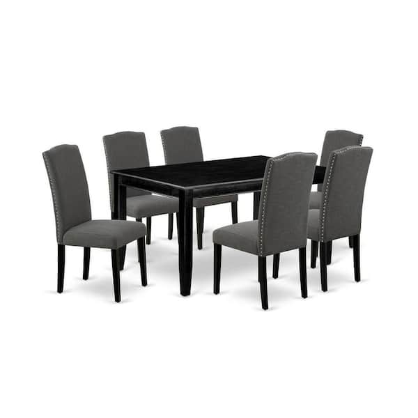 7-Piece Rectangle Black Finish Solid Wood Top Dining Table with 6 Parson Chairs with Lattice Back