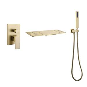 Single-Handle Wall-Mount Roman Tub Faucet with Hand Shower Modern 3 Hole Waterfall Brass Tub Fillers in. Brushed Gold