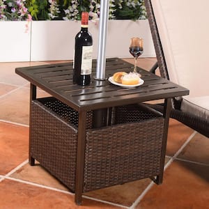 Brown Wicker Outdoor Side Table with Umbrella Hole