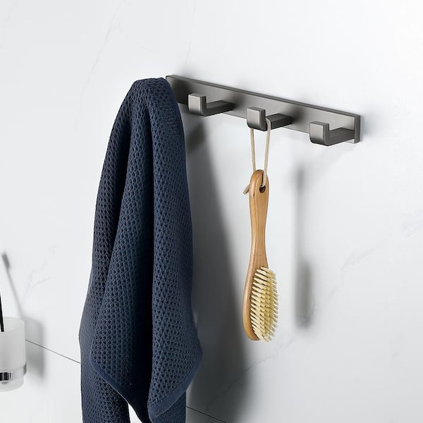 4 J-Hook Rack Double Robe/Towel Hook in Stainless Steel Matte Gray for Entryway Kitchen Bathroom Bedroom Utility Room