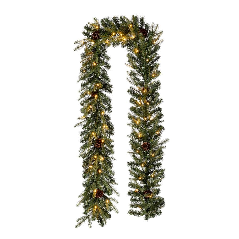 Glitzhome 9'L Pre-Lit Greenery Pine Cone Christmas Garland with Warm White Led Light