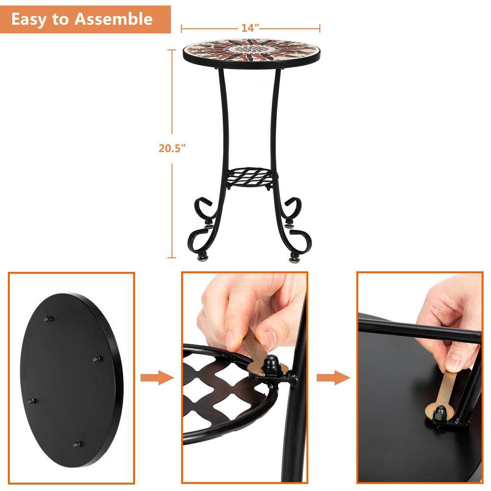 14" Round Black Metal Mosaic Outdoor Accent Table with Concrete Top